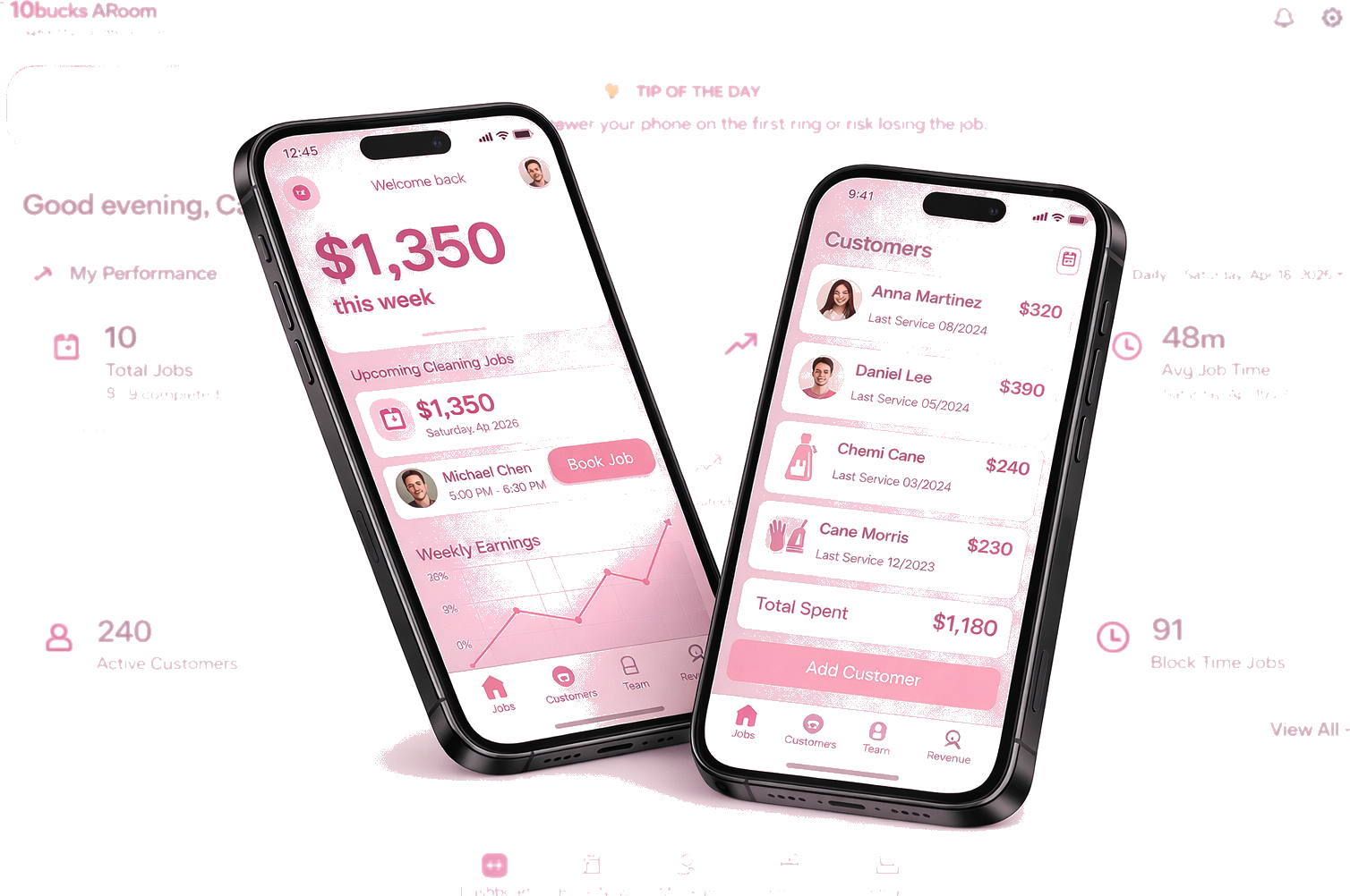 10BucksaRoom licensee app — weekly revenue and customers on iPhone